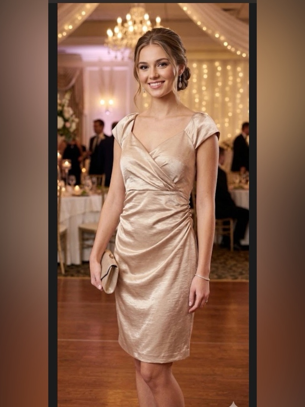VENUS Satin Blush V-Neck Midi Dress - Picture 2 of 11